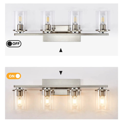 Brushed Nickel Vanity Light Fixtures For Modern Bathrooms With Clear Glass Shades Four Light E26 Standard Socket On Off
