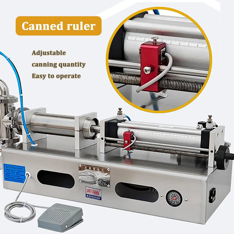 Top Pneumatic Liquid Filling Machine Straight Up Reliable Stainless Bottle Filler showing adjustable canning ruler for precise operation.