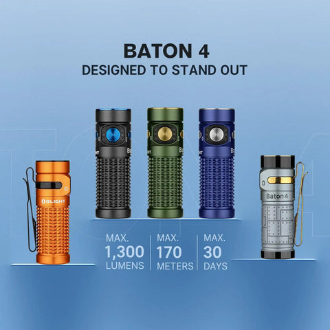 Baton4 Rechargeable EDC Flashlight With 1300 Lumens, Tiny But Mighty Pocket Sized, IPX8 Waterproof in multiple colors on display