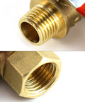 Close-up of Three Pack Heavy Duty Brass Ball Valve Set, 1/4 Inch NPT Male to Female Threads, ideal for air, water, oil, gas lines.