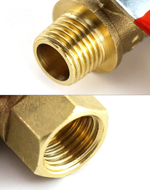 Close-up of Three Pack Heavy Duty Brass Ball Valve Set, 1/4 Inch NPT Male to Female Threads, ideal for air, water, oil, gas lines.
