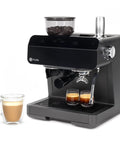 Next Level Semi Automatic Espresso Machine With Built In Grinder Steam Frother Featuring Italian Made 15 Bar Pump For Straight Up Perfect Shots Plus Wifi Connected Custom Brewing In Slick Black with brewed shots and coffee beans.