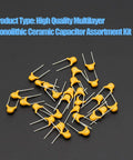 Yellow capacitors from 720 Piece DIP Monolithic Multilayer Ceramic Capacitor Kit With 24 Value Assortment 0.1uF To 100nF