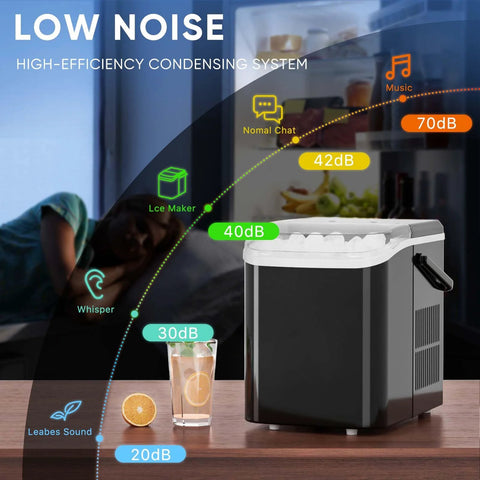 DUMOS countertop ice maker with side handle, front view in black.
