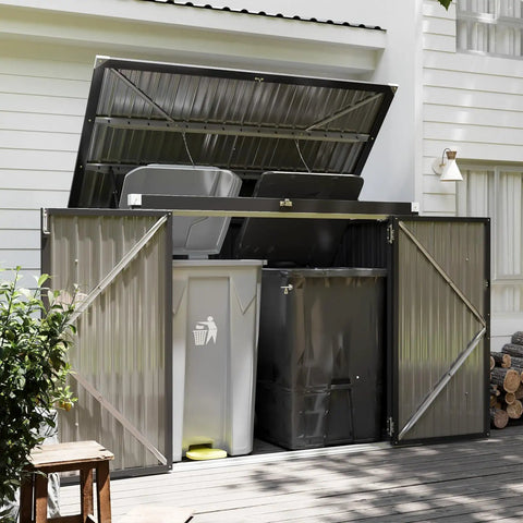 5.7 Ft Wide Galvanized Steel Horizontal Garbage Storage Shed With Lockable Door Bolt Black Outdoor Yard Patio Garden Shelter