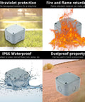 Outdoor Weatherproof 5 Pole Junction Box Enclosure With 86 By 74 By 62 Mm Size And 20 Mm Cable Gland IP66 Waterproof Dustproof Case in various environmental conditions.