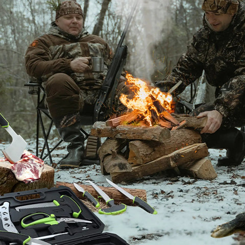 Hunters Field Dressing Kit 10 Piece Portable Game Processing Set with tools on snowy ground by campfire and hunters