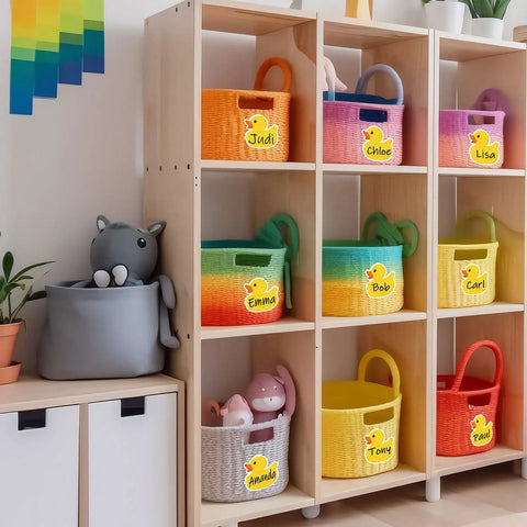 Yellow Rubber Duck Name Tag Stickers 120 Pcs Set For Classroom Decor on colorful baskets in a shelving unit