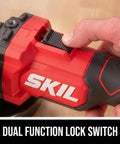 Close-up of the Heavy Duty 20V Cordless Angle Grinder With Digital Brushless Motor lock switch for ease of use