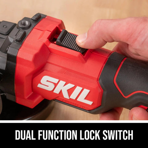 Close-up of the Heavy Duty 20V Cordless Angle Grinder With Digital Brushless Motor lock switch for ease of use