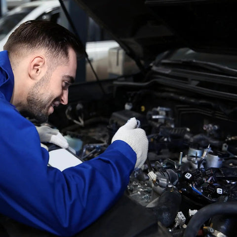 Mechanic in blue uniform inspecting car engine in a garage setting with open hood and engine components visible.