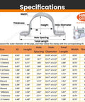 Specifications chart for Workhorse Six Pack 3 Inch Thickened 304 Stainless Steel U Clip Pipe Brackets dimensions and details.