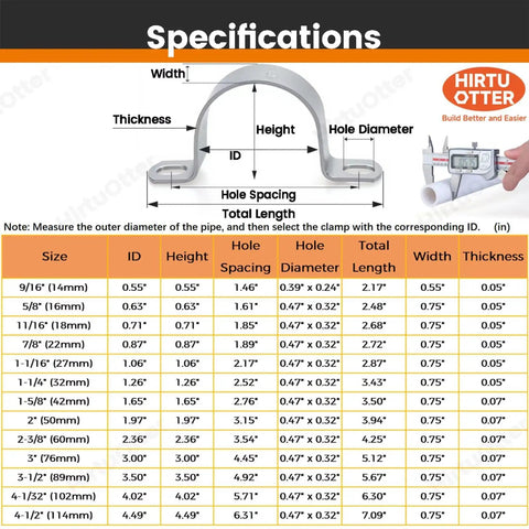 Specifications chart for Workhorse Six Pack 3 Inch Thickened 304 Stainless Steel U Clip Pipe Brackets dimensions and details.