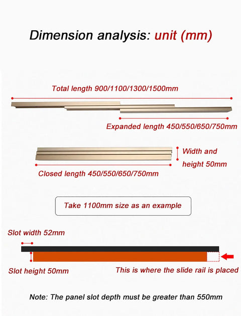Dimension analysis of Heavy Duty Telescopic Pull Out Drawer Slides showing lengths and slot dimensions in millimeters.