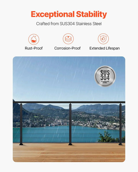 Level Drilled Cable Railing Post 36 Inch Black Stainless Steel 4 Pack with view of lake and mountains in the background