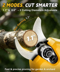 Slick 4 In 1 Cordless Pole Saw And Electric Pruning Shears Kit features adjustable cutting diameters up to 1.1 inches for efficient pruning.