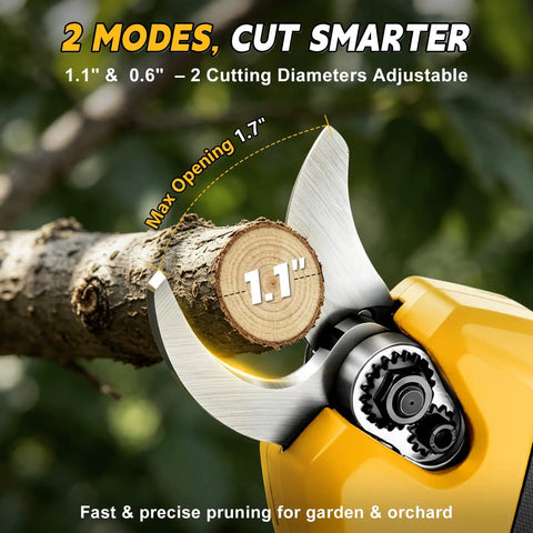 Slick 4 In 1 Cordless Pole Saw And Electric Pruning Shears Kit features adjustable cutting diameters up to 1.1 inches for efficient pruning.