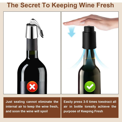 Two Pack Premium Vacuum Wine Stopper Set With Time Scale Airtight Wine Bottle Preserver in use comparison