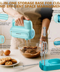 Slick Handheld Electric Mixer With 5 Speed Settings And Smart Storage Base For Effortless Baking Whipping And Cake Mixing Comes With Five Hella Durable Stainless Steel Attachments In Bold Blue in use with mixing dough in a clear bowl.