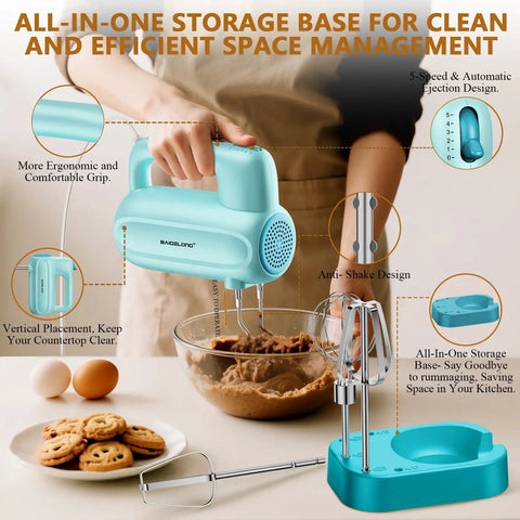 Slick Handheld Electric Mixer With 5 Speed Settings And Smart Storage Base For Effortless Baking Whipping And Cake Mixing Comes With Five Hella Durable Stainless Steel Attachments In Bold Blue in use with mixing dough in a clear bowl.