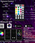 Remote control and Bluetooth app interface for RGBW Fiber Optic Star Ceiling Kit With 550 Strands, 13.1 Feet Long, music mode, adjustable lighting.