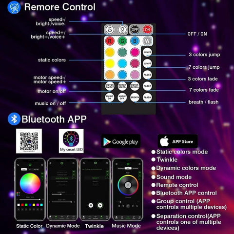 Remote control and Bluetooth app interface for RGBW Fiber Optic Star Ceiling Kit With 550 Strands, 13.1 Feet Long, music mode, adjustable lighting.