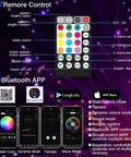 Twinkle 16W RGBW Fiber Optic Starlight Headliner Kit remote and Bluetooth app control features, showing color modes and settings.