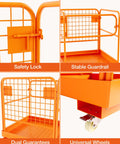 Heavy Duty Forklift Safety Cage Built Like Armor With Nonslip Mesh Deck Measures 36 by 36 Inches Holds Up To 1200 Lbs showing safety lock, guardrail, and wheels.