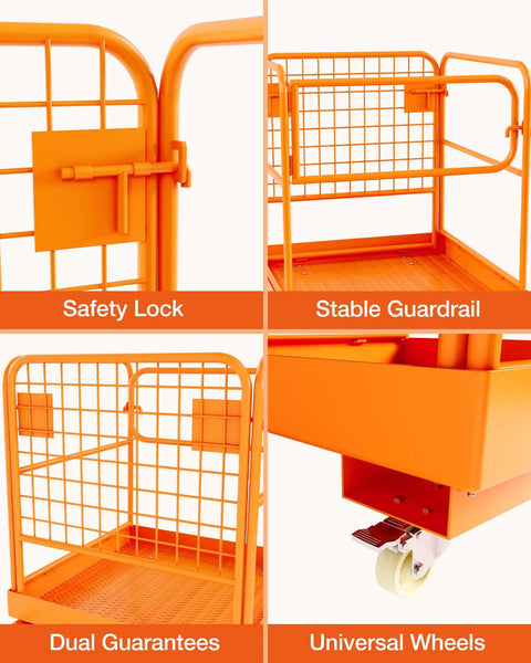 Heavy Duty Forklift Safety Cage Built Like Armor With Nonslip Mesh Deck Measures 36 by 36 Inches Holds Up To 1200 Lbs showing safety lock, guardrail, and wheels.