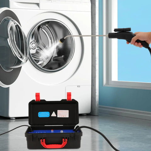 Heavy Duty 1700W steam cleaner with metal body spraying water into a washing machine, showing effective cleaning power.