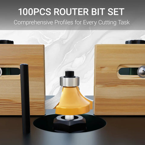 Close-up of 100 Piece Router Bit Set With 1/4 Inch Shank Tungsten Carbide Cutters for Hardwood and Softwood between wooden guides.