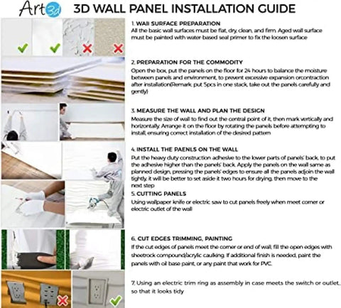 3D Wall Panel Installation Guide with step-by-step instructions for installing black 3D wall panels with raised rectangle texture.