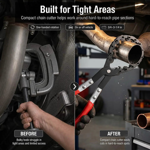 Exhaust Pipe Cutter For Three Quarters To Three And A Quarter Inch Tubing, One-Handed Chain Tailpipe Cutter For On-Vehicle Repairs, Heavy-Duty Cutting Tool For Mufflers, PVC And Copper Pipes In Tight Or Cramped Spaces on exhaust pipe under vehicle