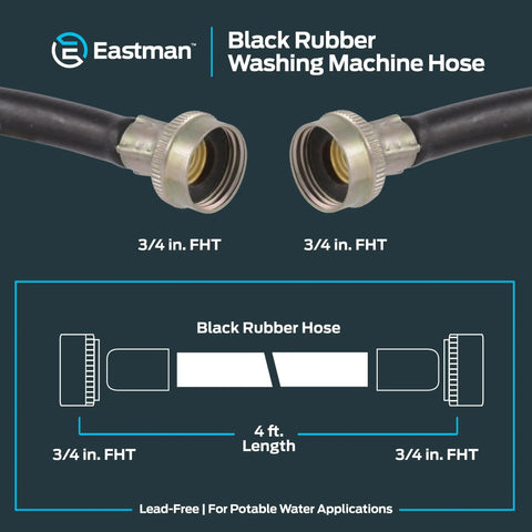 Diagram of 6 Foot Black Rubber Washing Machine Hose With 3/4 Inch FHT Ends showing connection details and length.