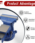 4 Inch Bench Vise With Solid Anvil And 360 Degree Swivel Locking Base, shown with features like strength and stability