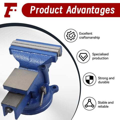 4 Inch Bench Vise With Solid Anvil And 360 Degree Swivel Locking Base, shown with features like strength and stability