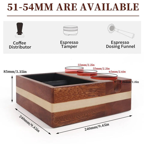 Natural Walnut Espresso Accessories Organizer Box For Your Home Barista Setup Fits 51 54mm Distributor Tamping Station Base Tamper Holder And 1.5L Coffee Grounds Box With Anti Skid Rubber Feet