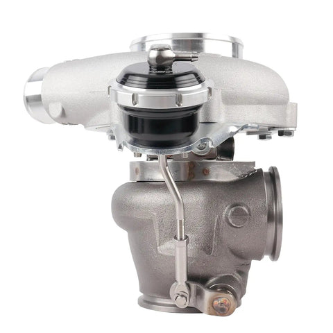 Front view of Dual V-Band Turbocharger Upgrade for Beefed-Up Street Boost, 0.92 A/R, 5455G, IWG Actuation, featuring compressor housing