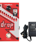Compact Drop Tune Pedal With Polyphonic Pitch Shift 1 To 7 Semitones Down Octave Down Option Momentary And Latch Switching True Bypass Includes Power Supply And Patch Cable For Guitar; red pedal and power supply