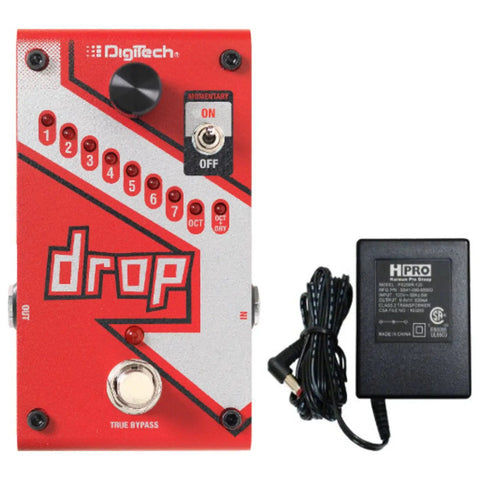 Compact Drop Tune Pedal With Polyphonic Pitch Shift 1 To 7 Semitones Down Octave Down Option Momentary And Latch Switching True Bypass Includes Power Supply And Patch Cable For Guitar; red pedal and power supply