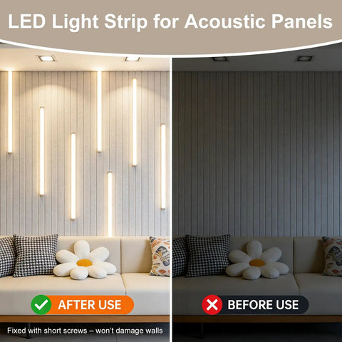 LED Recessed Lighting Kit for Slat Wall Panels, 6PCS Dimmable 3000K Warm White LED Strip Lights with Touch Switch, after and before use comparison.