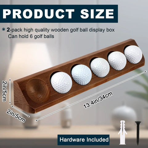 Walnut Wood Golf Ball Display Case 6 Standard Size Wall Mount Holder for Collectors, showing 5 mounted golf balls.