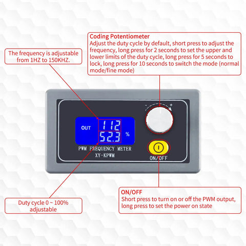 Beefy 1-Channel PWM Signal Generator XY-KPWM, front view, showing LCD display and control buttons for dual mode frequency adjustment.
