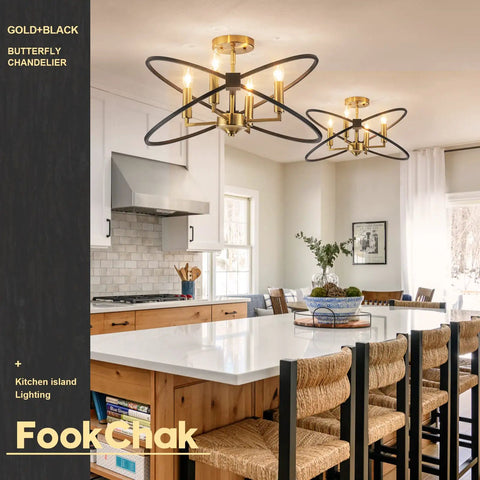 Black And Gold Industrial Ceiling Light Fixture With Four Light Candle Chandelier Ceiling Mount For Dining Room Kitchen Island Living Room And Bedroom E12 Sockets Vintage Style Home Lighting in modern kitchen