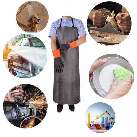 Collage showing Workhorse Waterproof Rubber Apron With Thick Material 47 By 33 Inches Includes Gloves And Adjustable Neck Strap in use