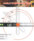 Dope Angle Finder Protractor With Digital Display 0-338 Degrees T-Bevel Gauge and Bubble Level showing angle range.