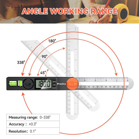 Dope Angle Finder Protractor With Digital Display 0-338 Degrees T-Bevel Gauge and Bubble Level showing angle range.