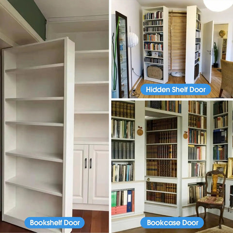 Badass Pivot Hinges For Hidden Doors And Bookcases Heavy Duty Stainless Steel Hardware used in various bookshelf and hidden shelf door setups.