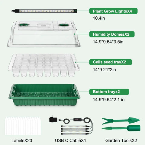 2 Pack 80Cell Seed Starter Tray With Timed Grow Light System, Humidity Domes And Base, indoor kit components displayed.