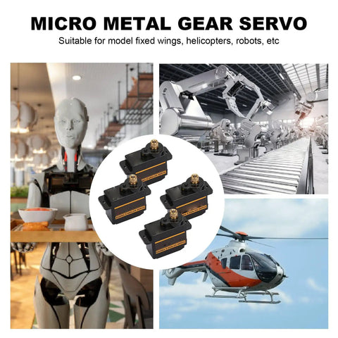 Four Pack Smokin Hot Metal Gear Servo Motor For RC Robot Car Helicopter Badass Durable Analog Actuators Smooth Precision Control Upgrades Your Rig For Daily Driving in a setting with robot and helicopter.
